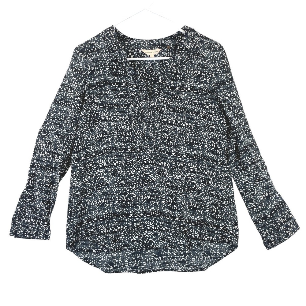 Rebecca Taylor Women's Size 4 Black White V Neck Print Silk Long Sleeve Blouse